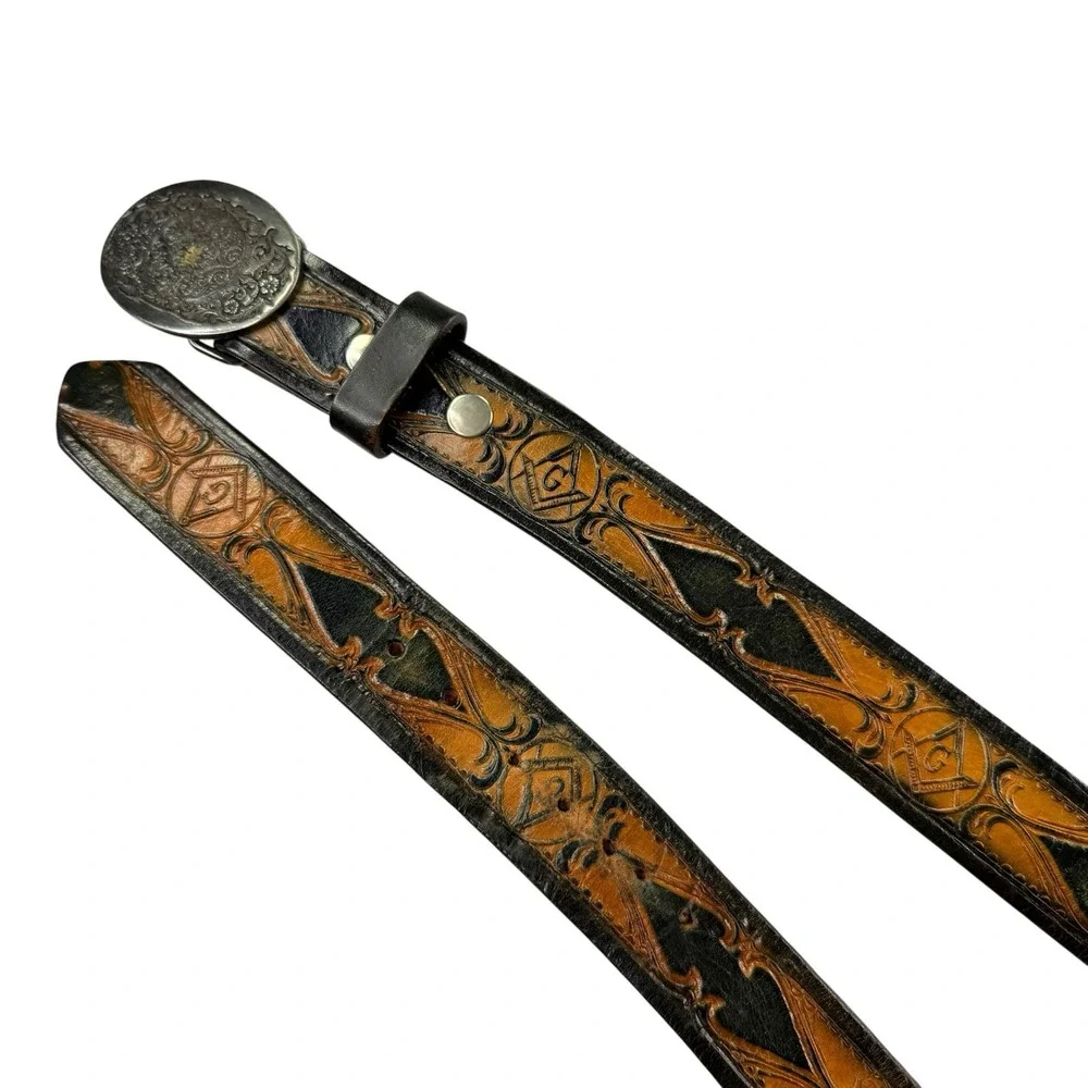 Vintage 1981 O.C. Tanner Masonic Tooled Leather Belt Western Oval Buckle